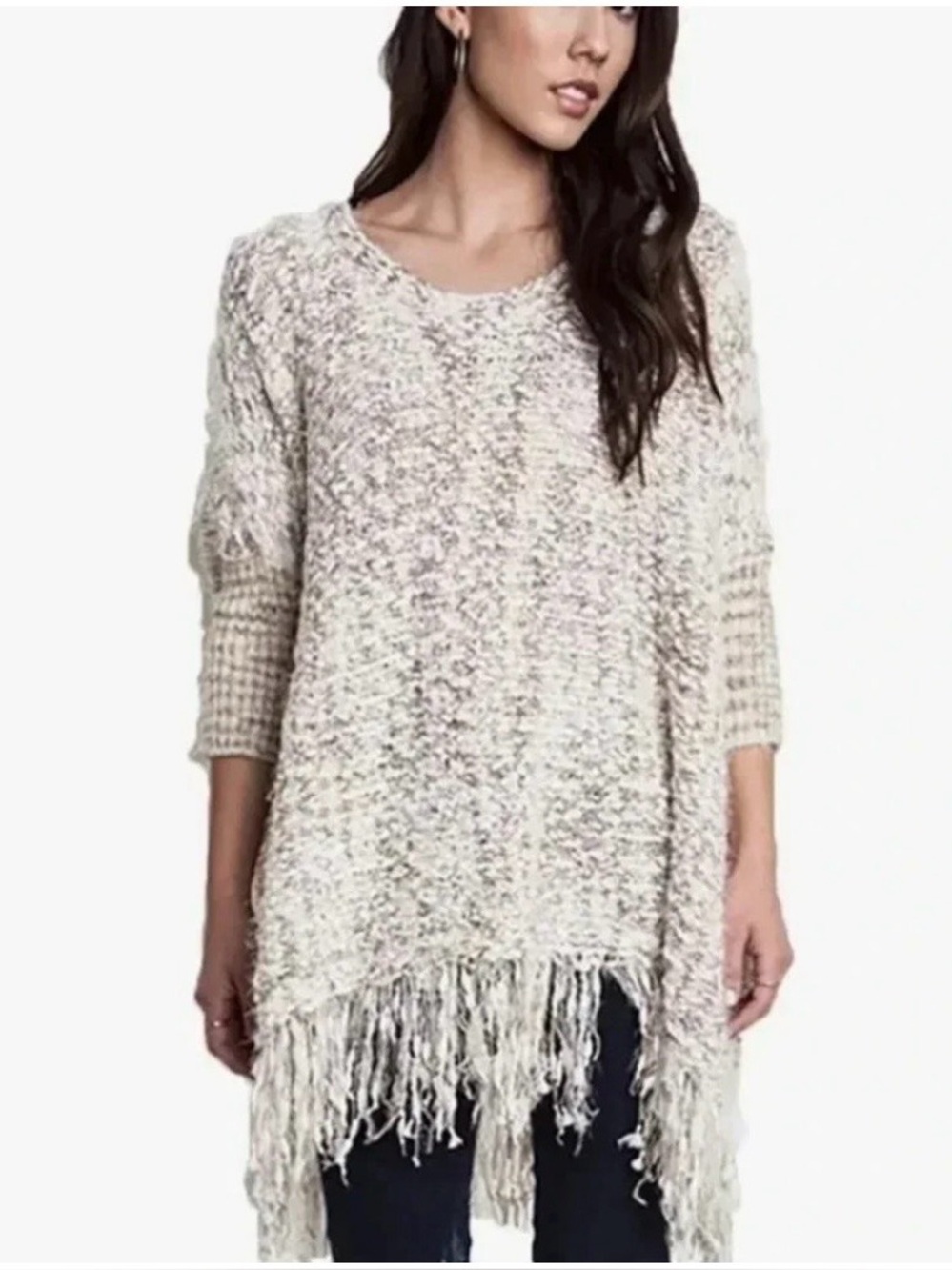 Umgee S/M Boho Textured Knit Tunic Sweater Fringe Hem Cottagecore Artsy